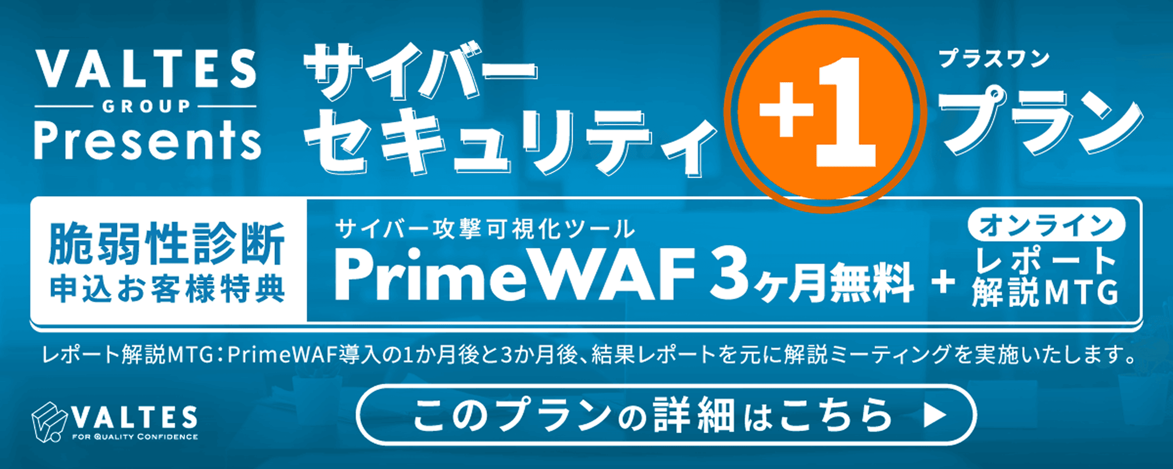 VALTES Presents サイバーセキュリティ +1 プラスワン プラン 脆弱性診断 + PrimeWAF 3ヶ月無料 + オンラインサポートMTG
